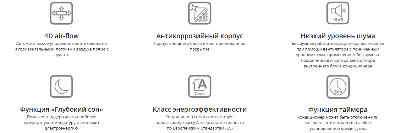 Лаконичный, современный дизайн, новейшие технологии, без шумов и вибраций - все это кондиционеры торговой марки Loriot. Настоящие профессионалы по достоинству оценят качество сборки и исполнения, а удобство монтажа порадует даже самых придирчивых специалистов.  Создавая этот кондиционер, мы использовали передовые технологии производства теплообменников, плат управления и пластиковых элементов. Безупречность в мелочах, это то чему мы придаем большое значение. Для нас важно чтобы Вы наслаждались использованием наших кондиционеров, ведь ради этого мы и работаем